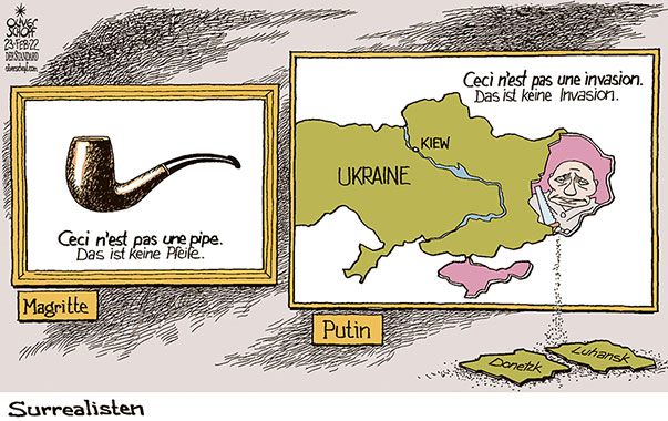 Oliver Schopf, politischer Karikaturist aus Österreich, politische Karikaturen aus Österreich, Karikatur Illustrationen Comic Bildergeschichte 2022: UKRAINE KONFLIKT KARTE DONBASS LUHANSK DONEZK OSTUKRAINE INVASION UNABHÄNGIGKEIT PUTIN SÄGE SÄGEN SURREALISMUS RENE MAGRITTE BILD CECI N’EST PAS UNE PIPE



