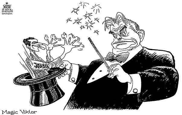 Oliver Schopf, editorial cartoons from Austria, cartoonist from Austria, Austrian illustrations, illustrator from Austria, editorial cartoon politics politician Europe, Cartoon Arts International, New York Times Syndicate, Cagle cartoon 2016 : HUNGARY VIKTOR ORBAN JOBBIK CONSTITUTION CHANGE MAGIC HAT MAGICIAN   

 
