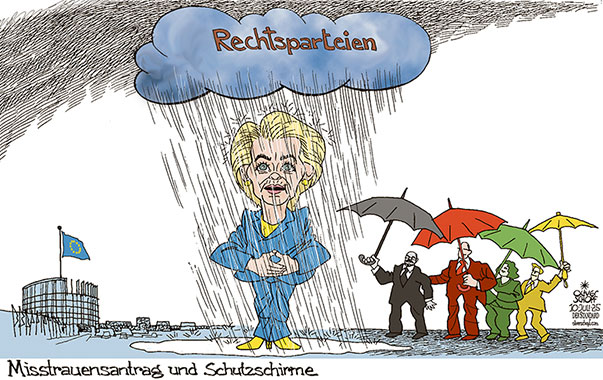 Oliver Schopf, politischer Karikaturist aus Österreich, politische Karikaturen aus Österreich, Karikatur Cartoon Illustrationen Politik Politiker Europa @oliverschopf.bsky.social 2025: EU EUROPÄISCHE UNION KOMMISSION URSULA VON DER LEYEN UVDL MISSTRAUENSVOTUM COVID PANDEMIE RECHTSPARTEIEN SCHUTZSCHIRM IM REGEN STEHEN 









 



