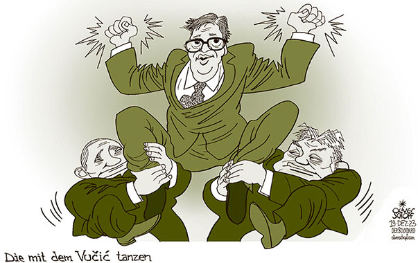 Oliver Schopf, politischer Karikaturist aus Österreich, politische Karikaturen aus Österreich, Karikatur Cartoon Illustrationen Politik Politiker Europa 2023: SERBIEN WAHLEN ALEKSANDAR VUCIC SIEGER JUBEL AUF DEN SCHULTERN TRAGEN PUTIN ORBÁN GRATULANTEN DER MIT DEM WOLF TANZT FILM 

 















