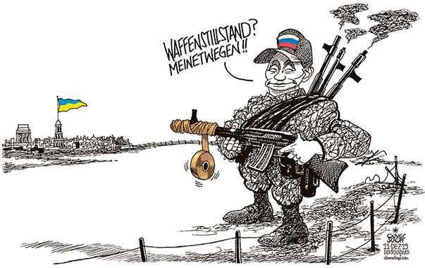  Oliver Schopf, politischer Karikaturist aus Österreich, politische Karikaturen, Illustrationen Archiv politische Karikatur Europa Ukraine 2019 UKRAINE OSTUKRAINE WAFFENSTILLSTAND PUTIN NORMANDIEFORMAT RUSSISCHE SEPARATISTEN DONBASS KLEBEBAND FEUERPAUSE KALTER KRIEG 
