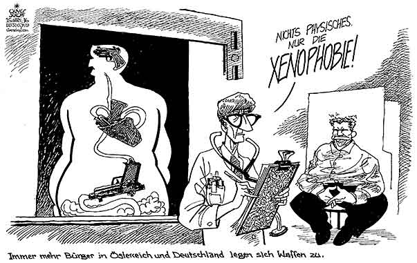 Oliver Schopf, politischer Karikaturist aus Österreich, politische Karikaturen aus Österreich, Karikatur Cartoon Illustrationen Politik Politiker Europa 2016 : WAFFEN WAFFENBESITZ XENOPHOBIE DEUTSCHLAND ÖSTERREICH ARZT RÖNTGEN GEHIRN HERZ BAUCH DIAGNOSE UNTERSUCHUNG













