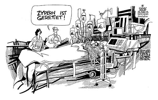 Oliver Schopf, politischer Karikaturist aus Österreich, politische Karikaturen aus Österreich, Karikatur Illustrationen Politik Politiker Europa 2013 EU EURO KRISE ZYPERN BANKEN RETTEN SPITAL
INTENSIVSTATION INFUSION ARZT