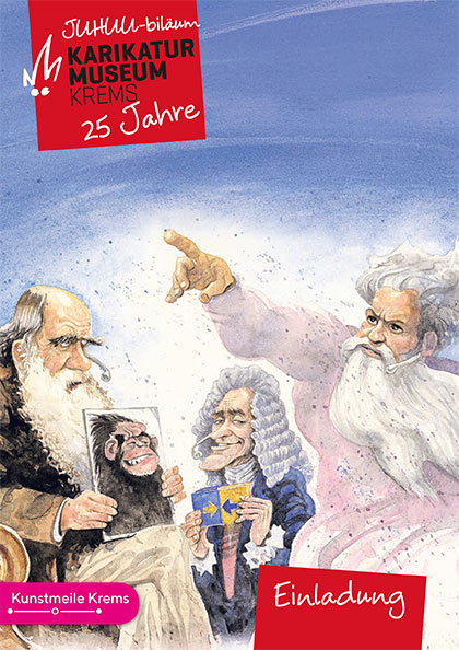 Oliver Schopf, politischer Karikaturist aus Österreich, politische Karikaturen aus Österreich, Karikatur Wissenschaft und Forschung  Einladung zur Ausstellung im Karikaturmuseum Kremsstadt 2026 Kunstmeile Krems Welt Religion & Ethik Charles Darwin Gott  2009 Darwinjubiläum Jubiläumsjahr Evolutionslehre versus Kreationismus Newton Charles Darwin Evolution 