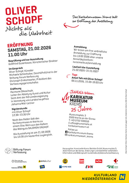 Oliver Schopf, politischer Karikaturist aus Österreich, politische Karikaturen aus Österreich, Karikatur Einladung zur Ausstellung im Karikaturmusem Kremsstadt 2026 Kunstmeile Krems