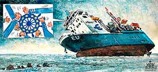 Oliver Schopf, editorial cartoons from Austria, cartoonist from Austria, Austrian illustrations, illustrator europe crisis ship europen union