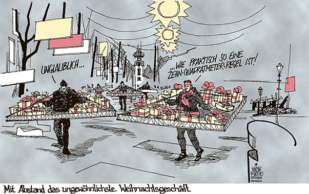 Oliver Schopf, politischer Karikaturist aus Österreich, politische Karikaturen aus Österreich, Karikatur Cartoon Illustrationen Politik Politiker Österreich 2020: CORONAVIRUS KRISE SARS-CoV-2 COVID-19 WEIHNACHTSGESCHÄFT ZEHN QUADRATMETER REGEL 10 m2 EINKAUFSSTRASSE GESCHENKE ABSTAND 

