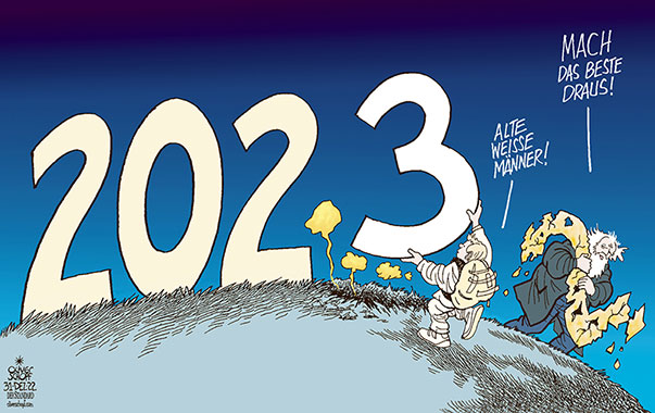Oliver Schopf, politischer Karikaturist aus Österreich, politische Karikaturen aus Österreich, Karikatur Cartoon Illustrationen Politik Politiker Österreich 2022: JAHRESWECHSEL SILVESTER NEUJAHR ALTES JAHR NEUES JAHR ZAHLEN ALTE WEISSE MÄNNER






