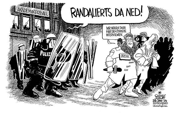  Oliver Schopf, politischer Karikaturist aus Österreich, politische Karikaturen, Illustrationen Archiv politische Karikatur Österreich: Parteien FPÖ 2014 AKADEMIKERBALL HOFBURG POLIZEI ABSPERRUNG PRESSE PRESSEFREIHEIT JOURNALISTEN BERICHTEN RANDALIEREN GEWALT

