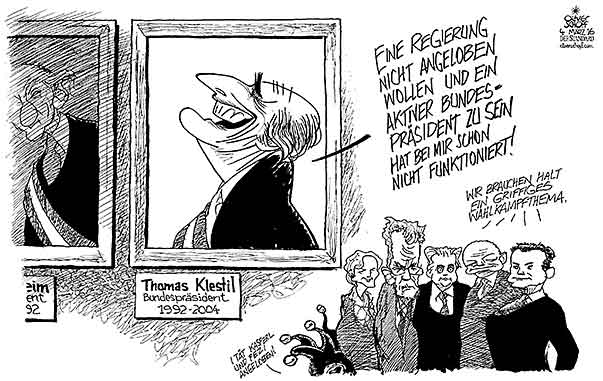 Oliver Schopf, politischer Karikaturist aus Österreich, politische Karikaturen aus Österreich, Karikatur Cartoon Illustrationen Politik Politiker Österreich 2016 : BUNDESPRÄSIDENTENWAHL 2016 BEFUGNISSE ANGELOBUNG REGIERUNG THOMAS KLESTIL AKTIVER BUNDESPRÄSIDENT ALEXANDER VAN DER BELLEN NORBERT HOFER ANDREAS KHOL RUDOLF HUNDSTORFER IRMGARD GRISS LUGNER KASPERL   





