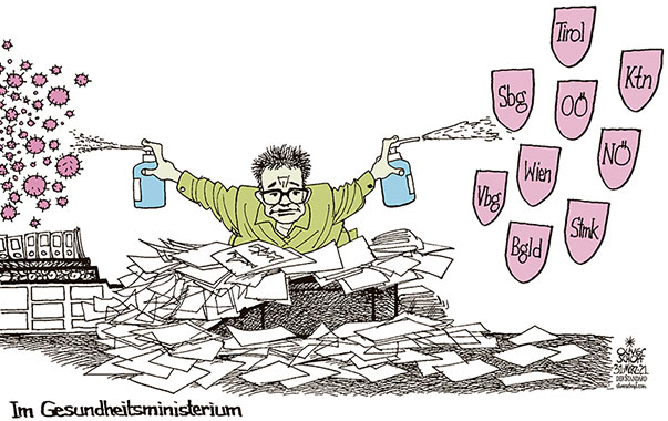  Oliver Schopf, politischer Karikaturist aus Österreich, politische Karikaturen aus Österreich, Karikatur Cartoon Illustrationen Politik Politiker Österreich 2021: CORONAVIRUS KRISE SARS-CoV-2 COVID-19 RUDI ANSCHOBER GESUNDHEITSMINISTER VERORDNUNGEN MASSNAHMEN BUND BUNDESLÄNDER ZWIST EINHEITLICHE LINIE DESINFEKTION 
