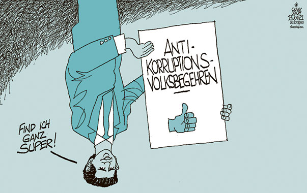  Oliver Schopf, politischer Karikaturist aus Österreich, politische Karikaturen, Illustrationen Archiv politische Karikatur Österreich 2021 ANTIKORRUPTIONSVOLKSBEGEHREN ÖVP SEBASTIAN KURZ THUMB UP DOWN AUF DEM KOPF STEHEN BASELITZ TÜRKIS
