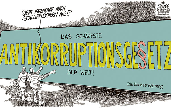 Oliver Schopf, politischer Karikaturist aus Österreich, politische Karikaturen aus Österreich, Karikatur Cartoon Illustrationen Politik Politiker Österreich 2023: REGIERUNG KOALITION ÖVP DIE GRÜNEN TÜRKIS GRÜN ANTIKORRUPTIONSGESETZ SCHILD AUSSCHILDERN SCHLUPFLOCH BÜRGER BÜRGERIN FAMILIE

