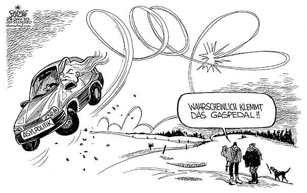 Oliver Schopf, politischer Karikaturist aus Österreich, politische Karikaturen aus Österreich, Karikatur, Illustrationen Politik Politiker Österreich 2010: fekter asylpolitik toyota gaspedal schleudern