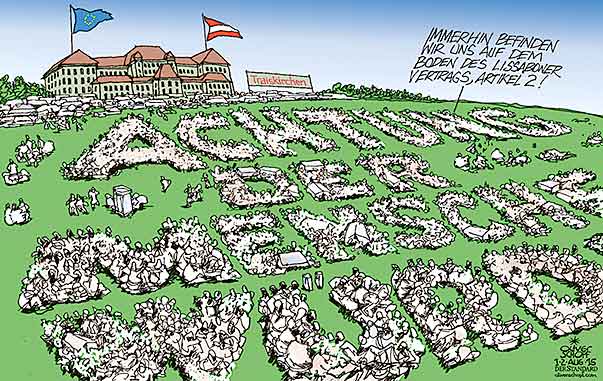  Oliver Schopf, politischer Karikaturist aus Österreich, politische Karikaturen, Illustrationen Archiv politische Karikatur Asylrecht Migration in Österreich  2015 ASYL FLUECHTLINGE TRAISKIRCHEN FLUECHTLINGSLAGER AUFNAHMEZENTRUM ZELTE MENSCHEN IM FREIEN LISSABON VERTRAG ARTIKEL 2 WUERDE DES MENSCHEN EU



