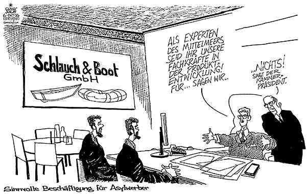Oliver Schopf, politischer Karikaturist aus Österreich, politische Karikaturen aus Österreich, Karikatur Cartoon Illustrationen Politik Politiker Österreich 2016 : ASYLWERBER BESCHÄFTIGUNG FLÜCHTLINGE MITTELMEER BOOT SCHLAUCHBOOT BEZAHLUNG WIRTSCHAFTSKAMMER FIRMA 






