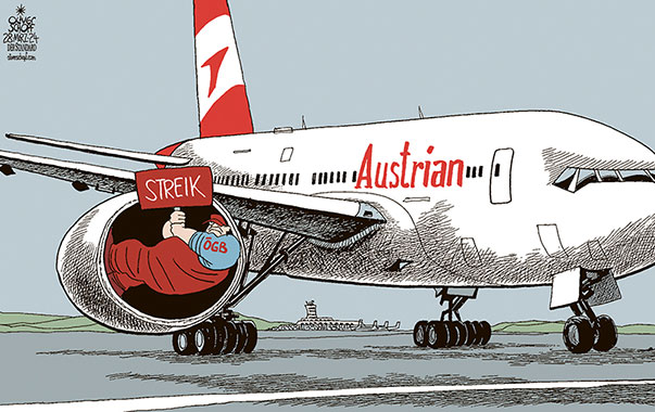 Oliver Schopf, politischer Karikaturist aus Österreich, politische Karikaturen aus Österreich, Karikatur Cartoon Illustrationen Politik Politiker Österreich 2024: AUA AUSTRIAN AIRLINES STREIK GEWERKSCHAFT GEWERKSCHAFTER FLUGZEUG FLIEGER TRIEBWERK QUERLEGEN FLUGHAFEN





















