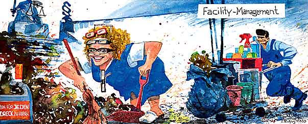 Oliver Schopf, politischer Karikaturist aus Österreich, politische Karikaturen aus Österreich, Karikatur, Illustrationen Politik Politiker Österreich 2010:justiz bandion-ortner georg krakow mist raumpflege aufraeumen wegputzen facility management