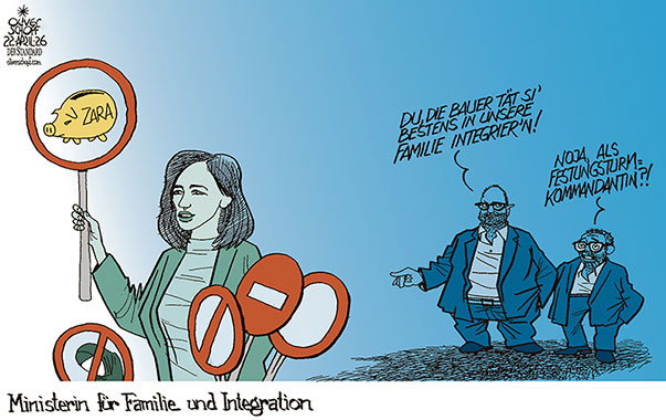 Oliver Schopf, politischer Karikaturist aus Österreich, politische Karikaturen aus Österreich, Karikatur Cartoon Illustrationen Politik Politiker Österreich Cartoon Movement, @oliverschopf.bsky.social 2026: REGIERUNG KOALITION CLAUDIA BAUER MINITSERIN FAMILIE INTEGRATION ZARA KOPFTUCH VERBOTE STRAFEN FPÖ HAFENECKER KICKL BLAU TÜRKIS ÖVP FPÖ 











































