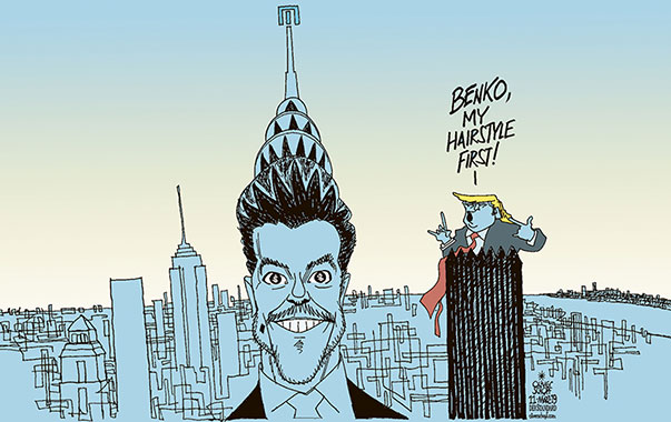 Oliver Schopf, politischer Karikaturist aus Österreich, politische Karikaturen aus Österreich, Karikatur Cartoon Illustrationen Politik Politiker Österreich 2019 : RENÉ BENKO SIGNA CHRYSLER BUILDING NEW YORK KAUF FRISUR TRUMP TOWER AMERICA FIRST HAIRSTYLE 
