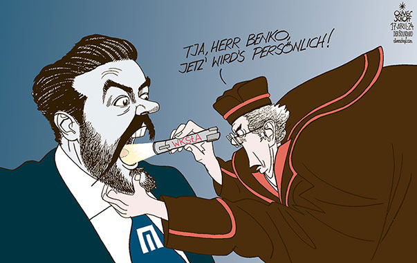 Oliver Schopf, politischer Karikaturist aus Österreich, politische Karikaturen aus Österreich, Karikatur Cartoon Illustrationen Politik Politiker Österreich 2024: SIGNA HOLDING RENÉ BENKO WKStA STAATSANWALT PERSÖNLICHE ERMITTLUNGEN KREDIT TASCHENLAMPE OFFENER MUND LEUCHTEN AUF DEN ZAHN FÜHLEN 























