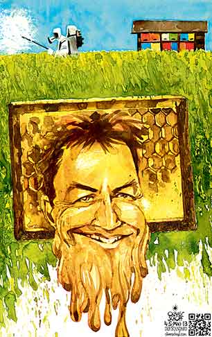 Oliver Schopf, politischer Karikaturist aus Österreich, politische Karikaturen aus Österreich, Karikatur, Illustrationen Politik Politiker Österreich  2013 BERLAKOVICH NIKOLAUS UMWELTMINISTER LANDWIRTSCHAFTSMINISTER  BIENEN HONIG PESTIZID MAISWURZELBOHRER BIENEWABE BIENENSTOCK
