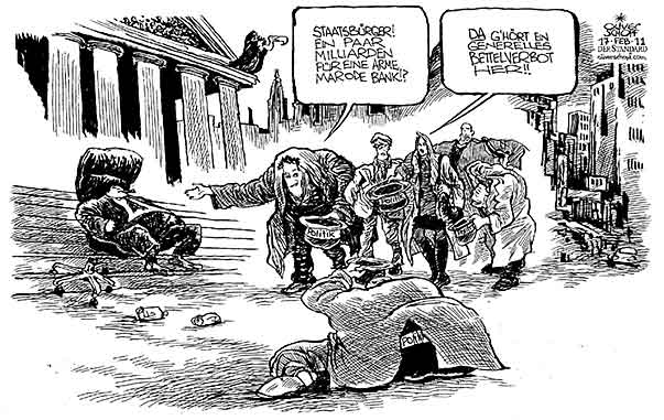  Oliver Schopf, politischer Karikaturist aus Österreich, politische Karikaturen, Illustrationen Archiv politische Karikatur Österreich: 2011 
 bettelverbot graz bettler politik staatsbuerger schnorren bank pleitegeier
  