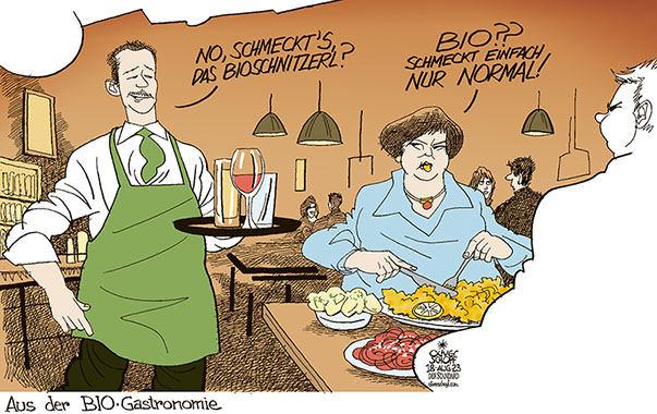 Oliver Schopf, politischer Karikaturist aus Österreich, politische Karikaturen aus Österreich, Karikatur Cartoon Illustrationen Politik Politiker Österreich 2023: GASTRONOMIE BIO ZERTIFIKAT LEBENSMITTEL WIRT RESTAURANT ESSEN SCHNITZEL NORMAL NEHAMMER 




