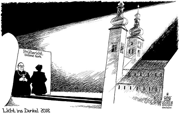  Oliver Schopf, politischer Karikaturist aus Österreich, politische Karikaturen, Illustrationen Archiv politische Karikatur Österreich Regierung Religion  und Ethik 2018 KATHOLISCHE KIRCHE BISCHOF ALOIS SCHWARZ DIÖZESE GURK STIFT DOM PRÜFBERICHT SCHATTEN SCHATTENBISCHÖFIN WIRTSCHAFTSPRÜFUNG LICHT INS DUNKEL


