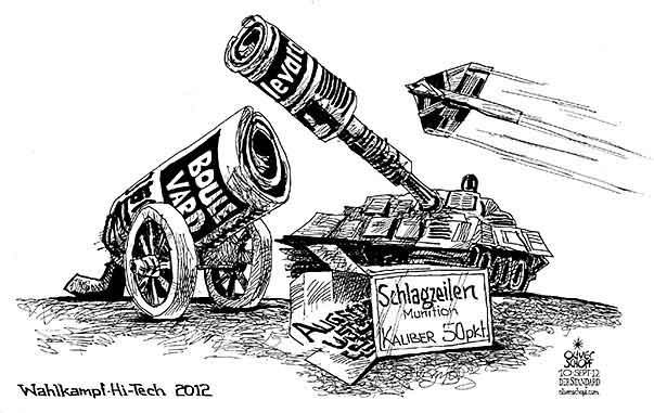  Oliver Schopf, politischer Karikaturist aus Österreich, politische Karikaturen, Illustrationen Archiv politische Karikatur Österreich  2012 WAHLKAMPF BOULEVARDPRESSE BOULEVARDZEITUNG SCHLAGZEILE BUNDESHEER WEHRPFLICHT BERUFSHEER KANONE PANZER KAMPFJET MUNITION HI-TECH

