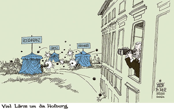 Oliver Schopf, politischer Karikaturist aus Österreich, politische Karikaturen aus Österreich, Karikatur Cartoon Illustrationen Politik Politiker Österreich 2022: BUNDESPRÄSIDENTENWAHL VAN DER BELLEN ROSENKRANZ GROSZ BRUNNER RECHTESLAGER BELAGERUNG HOFBURG 



