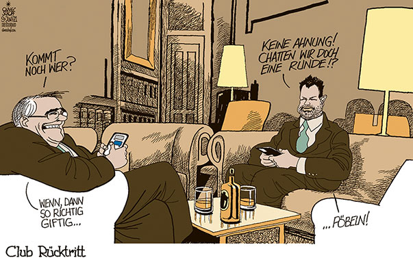 Oliver Schopf, politischer Karikaturist aus Österreich, politische Karikaturen aus Österreich, Karikatur Cartoon Illustrationen Politik Politiker Österreich 2021: CHAT CHATPROTOKOLLE WOLFGANG BRANDSTETTER THOMAS SCHMID ÖBAG RÜCKTRITT CLUB CLUBSESSEL CHATTEN GIFTIG PÖBEL 
