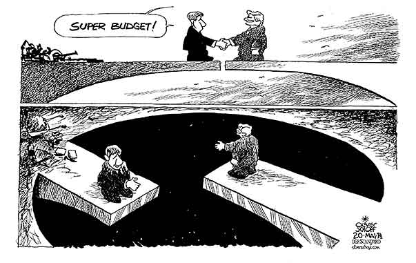 Oliver Schopf, politischer Karikaturist aus Österreich, politische Karikaturen aus Österreich, Karikatur Cartoon Illustrationen Politik Politiker Österreich 2014: FAYMANN SPINDELEGGER BUDGET LOCH BRUECKE BAUEN HAND REICHEN HANDSHAKE 



