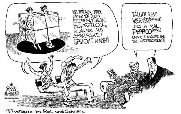 Oliver Schopf, politischer Karikaturist aus Österreich, politische Karikaturen aus Österreich, Karikatur, Illustrationen Politik Politiker Österreich 2010: budget sparpaket große koalition faymann proell therapie medikament