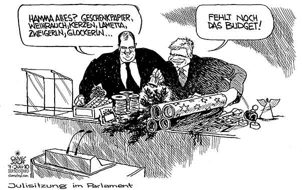 Oliver Schopf, politischer Karikaturist aus Österreich, politische Karikaturen aus Österreich, Karikatur, Illustrationen Politik Politiker Österreich 2010: parlament budget verschieben weihnachten geschenk weihrauch kerzen lametta