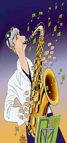  Oliver Schopf, politischer Karikaturist aus Österreich, politische Karikaturen, Illustrationen Archiv politische Karikatur Österreich Bundesheer
2014: SPINDELEGGER FINANZMINISTER BUDGET BUDGETREDE SAXOPHON JAZZ MUSIK SPIELEN NOTEN LOCH PFEIFEN 
