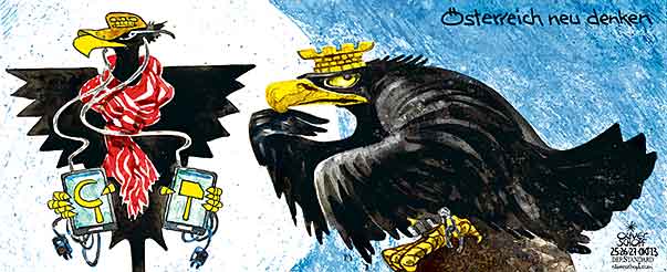 Oliver Schopf, politischer Karikaturist aus Österreich, politische Karikaturen aus Österreich, Karikatur, Illustrationen Politik Politiker Österreich BUNDESADLER WAPPEN REFORM MODERNISIERUNG STAAT RODIN DENKER INTERNET SMARTPHONE DIGITALE REVOLUTION