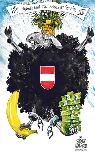  Oliver Schopf, politischer Karikaturist aus Österreich, politische Karikaturen, Illustrationen Archiv politische Karikatur Österreich: 2011 bundesadler wappen schwarzes schaf bundeshymne banane republik korruption sumpf geldfluss 
