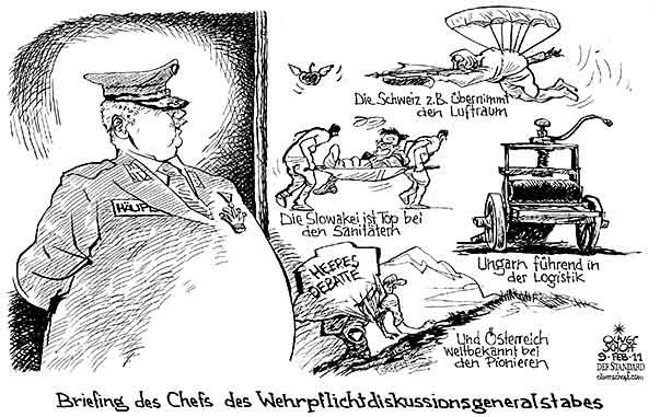 Oliver Schopf, politischer Karikaturist aus Österreich, politische Karikaturen aus Österreich, Karikatur, Illustrationen Politik Politiker Österreich 2011: bundesheer haeupl chefsache general wehrpflicht briefing