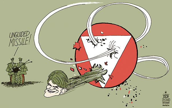 Oliver Schopf, politischer Karikaturist aus Österreich, politische Karikaturen aus Österreich, Karikatur Cartoon Illustrationen Politik Politiker Österreich 2020 : BUNDESHEER LOGO KLAUDIA TANNER VERTEIDIGUNGSMINISTERIN RAKETE UNGUIDED MISSILE ZIELLOS CHAOS GENERÄLE 
