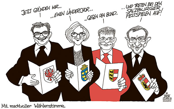 Oliver Schopf, politischer Karikaturist aus Österreich, politische Karikaturen aus Österreich, Karikatur, Illustrationen Politik Politiker Österreich 2018 LANDESHAUPTLEUTE GÜNTHER PLATTER JOHANNA MIKL-LEITNER PETER KAISER WILFRIED HASLAUER LANDTAGSWAHLEN WÄHLERSTIMMEN CHOR SINGEN STIMMENZUWACHS SIEGER  





 