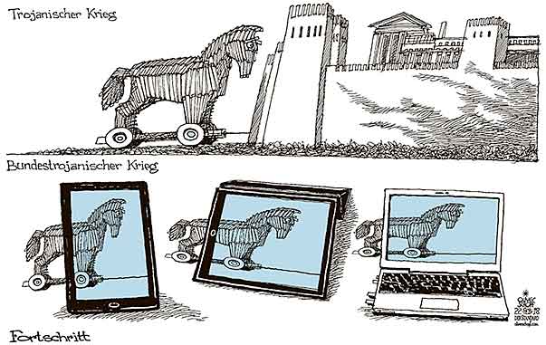 Oliver Schopf, politischer Karikaturist aus Österreich, politische Karikaturen aus Österreich, Karikatur Cartoon Illustrationen Politik Politiker Österreich 2018 : ÜBERWACHUNG BUNDESTROJANER TROJANISCHES PFERD TROJA DIGITALE WELT SMARTPHONE IPAD NOTEBOOK FORTSCHRITT 


