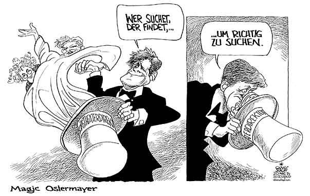 Oliver Schopf, politischer Karikaturist aus Österreich, politische Karikaturen aus Österreich, Karikatur Cartoon Illustrationen Politik Politiker Österreich 2014: BURGTHEATER DIREKTORIN JOSEF OSTERMAYER KARIN BERGMANN HERMANN BEIL MAGIE ZAUBER HUT 

