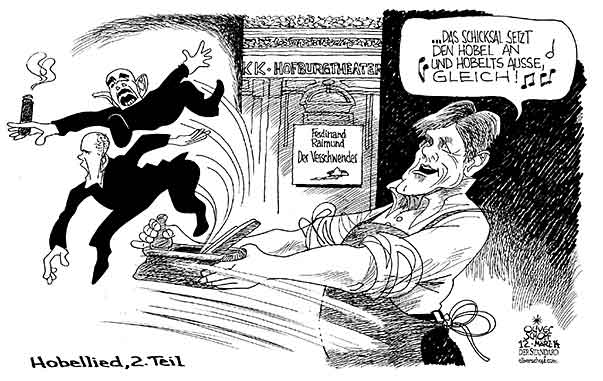 Oliver Schopf politische Karikatur: Österreich - Burgtheater Hartmanns Entlassung Oliver Schopf, politischer Karikaturist aus Österreich, politische Karikaturen aus Österreich, Karikatur Cartoon Illustrationen Politik Politiker Österreich 2014: BURGTHEATER JOSEF OSTERMAYER MATTHIAS HARTMANN GEORG SPRINGER DIREKTOR ENTLASSUNG BUEHNE VERSCHWENDER RAIMUND HOBELLIED