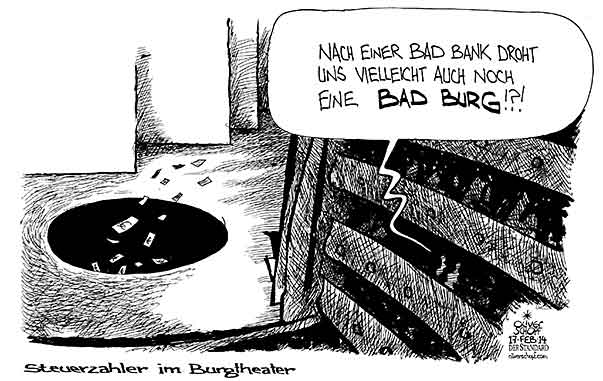 Oliver Schopf, politischer Karikaturist aus Österreich, politische Karikaturen aus Österreich, Karikatur Cartoon Illustrationen Politik Politiker Österreich 2014: KULTUR THEATER BURGTHEATER HARTMANN SPRINGER OSTERMANN SCHULDEN LOCH BUEHNE EURO MILLIONEN STEUERZAHLER BAD BANK