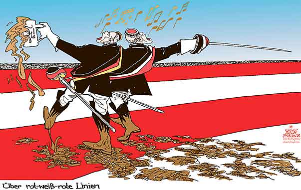  Oliver Schopf, politischer Karikaturist aus Österreich, politische Karikaturen, Illustrationen Archiv politische Karikatur Österreich: Parteien FPÖ 2018 FPÖ BURSCHENSCHAFTEN ROT WEISS ROT FAHNE FLAGGE ROTE LINIEN GERMANIA ZU WIENER NEUSTADT GESANGBUCH LIEDTEXT BRAUN
