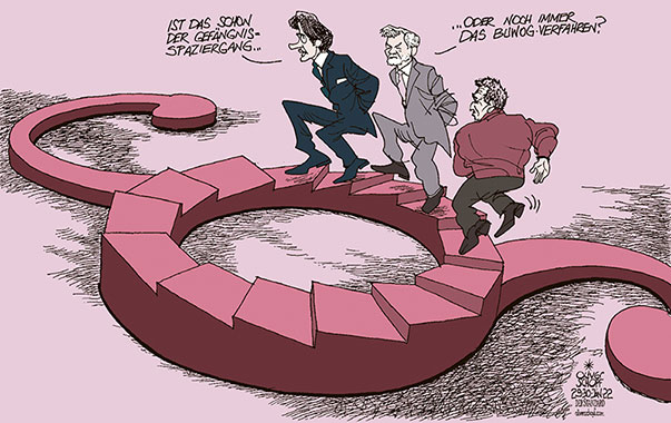 Oliver Schopf, politischer Karikaturist aus Österreich, politische Karikaturen aus Österreich, Karikatur Cartoon Illustrationen Politik Politiker Österreich 2022: BUWOG PROZESS SCHRIFTLICHES URTEIL 1. INSTANZ KARL-HEINZ GRASSER WALTER MEISCHBERGER PETER HOCHEGGER STIEGE TREPPE TREPPAUF UNENDLICH MC ESCHER PARAGRAF 




