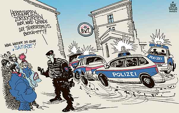  Oliver Schopf, politischer Karikaturist aus Österreich, politische Karikaturen, Illustrationen Archiv politische Karikatur Österreich BVT 2018 WIEN BVT BUNDESAMT FÜR VERFASSUNGSSCHUTZ UND TERRORISMUSBEKÄMPFUNG POLIZEI RAZZIA POLIZEIWAGEN BLAULICHT ABSPERRUNG FPÖ STRACHE SATIRE



