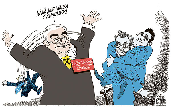 Oliver Schopf, politischer Karikaturist aus Österreich, politische Karikaturen aus Österreich, Karikatur Cartoon Illustrationen Politik Politiker Österreich 2019 : CASINOS AUSTRIA CASAG AUFSICHTSRAT WALTER ROTHENSTEINER PETER SIDLO ABBERUFUNG FPÖ NORBERT HOFER STRACHE PARTEIAUSSCHLUSS
