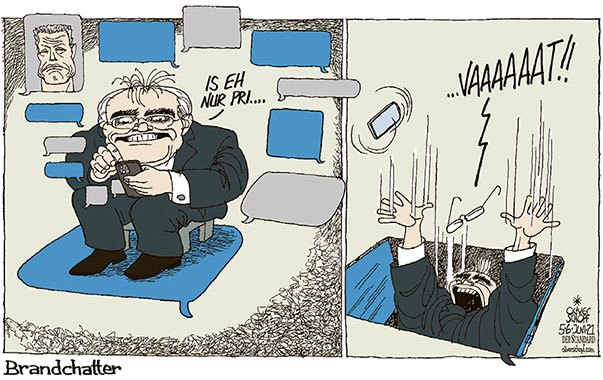 Oliver Schopf, politischer Karikaturist aus Österreich, politische Karikaturen aus Österreich, Karikatur Cartoon Illustrationen Politik Politiker Österreich 2021: CHATS KORRUPTION WIRTSCHAFTS- UND KORRUPTIONSSTAATSANWALTSCHAFT WKStA WOLFGANG BRANDSTETTER VERFASSUNGSGERICHTSHOF RÜCKTRITT CHRISTIAN PILNACEK HANDY SMS FALLTÜRE PRIVAT ÖFFENTLICH

